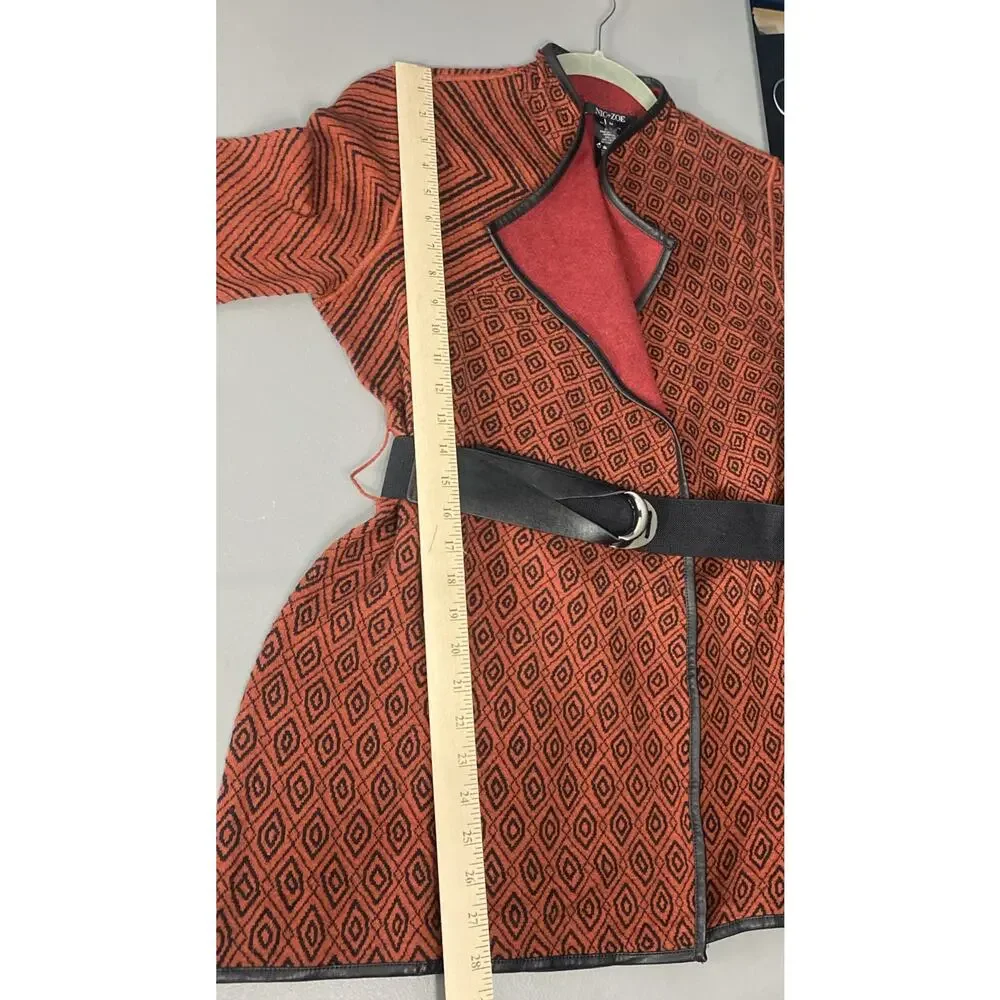 NWT NIC & ZOE Sweater M Cardigan Belted Long Geometric Faux Leather Asymmetric - Picture 12 of 14